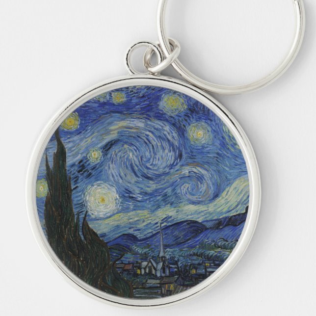 Starry Night Keychain Rund Silverfärgad Nyckelring (Framsidan)