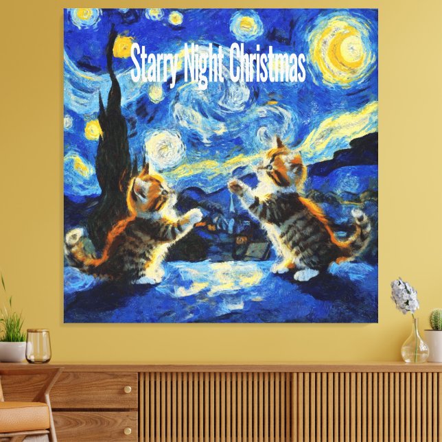 Starry Night Kittymas Christmas Spoof Canvastryck (Insitu (Vardagsrum))