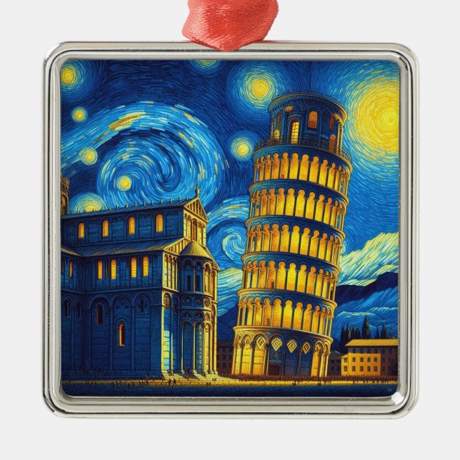 Starry Night Leaning Torn i Pisa Italien Julgransprydnad Metall (Framsidan)
