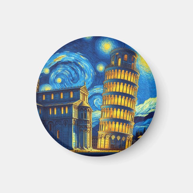 Starry Night Leaning Torn i Pisa Italien Magnet (Framsidan)