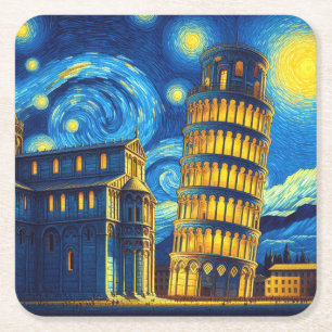 Starry Night Leaning Torn i Pisa Italien Underlägg Papper Kvadrat