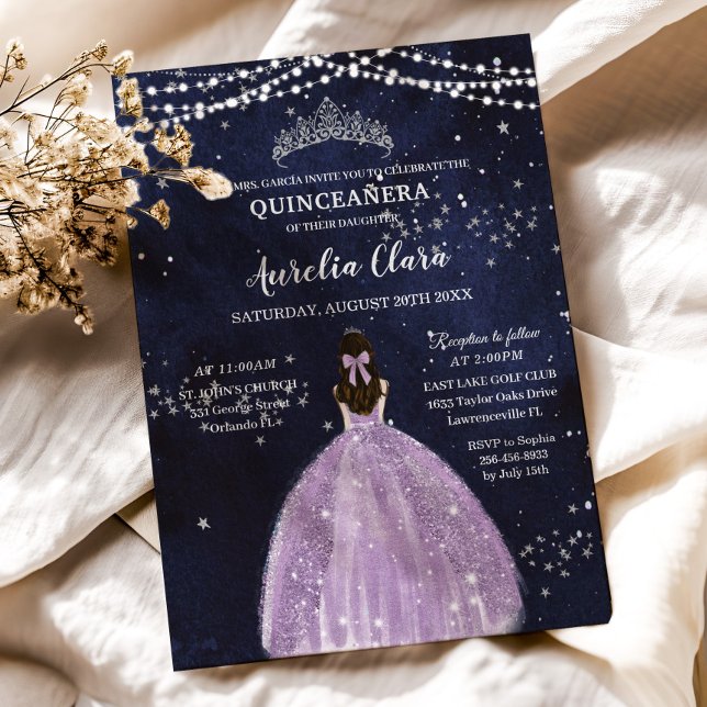Starry Night Lila Lilac Dress Silver Quinceañera Inbjudningar (starry night quinceanera invitation printed cards digital download princess purple lilac dress )