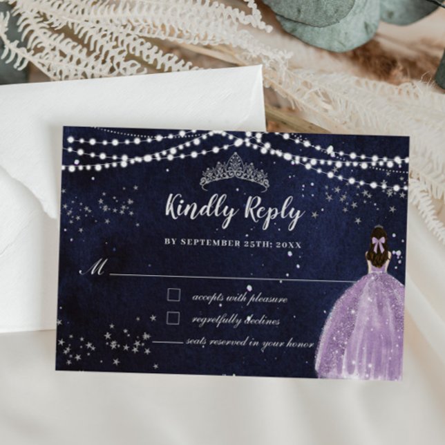 Starry Night Lila Lilac Dress Silver Quinceañera OSA Kort (starry night quinceanera purple lilac dress girl silver fairy lights rsvp response reply cards)