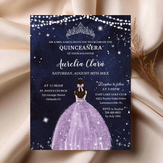Starry Night Lila Lilac Quinceañera-inbjudan (starry-night-under-the-stars-purple-lilac-dress-silver-quinceanera-sweet-16-invitation-magnetic-card)
