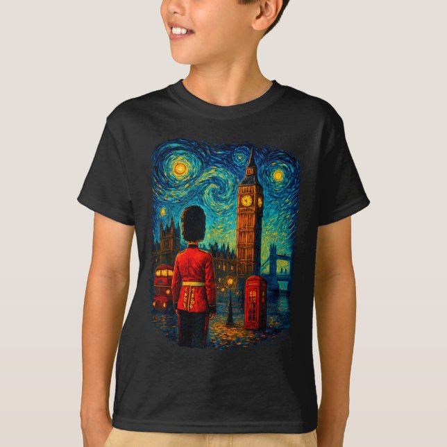 Starry Night London Red Telephone Box Queen's Guar T Shirt (Framsida)