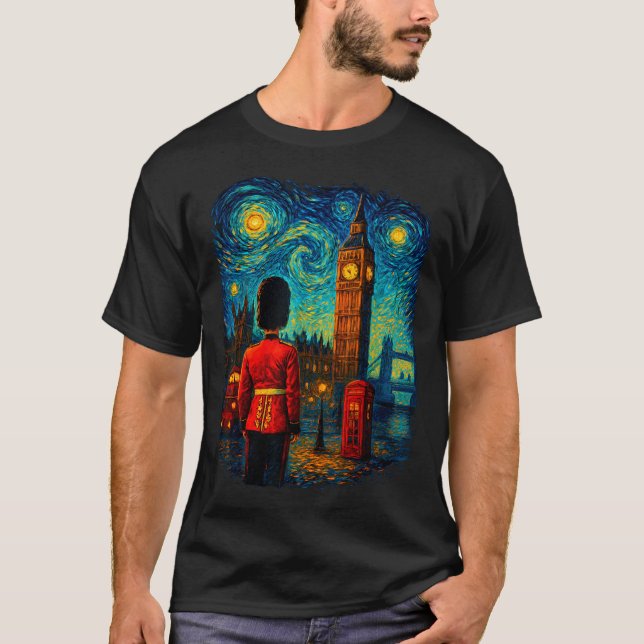 Starry Night London Red Telephone Box Queen's Guar T Shirt (Framsida)