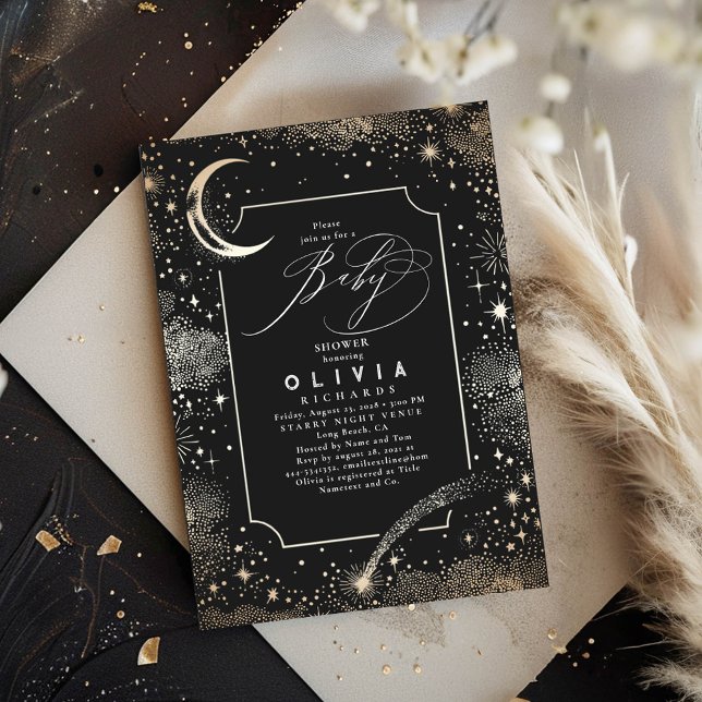 Starry Night Måne Mystical Celestial Baby Shower Inbjudningar (Starry Night Black Baby Shower Invitations)