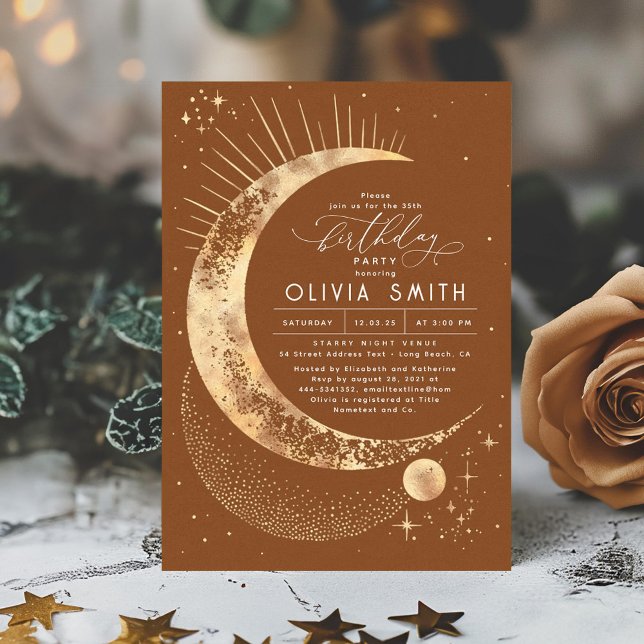 Starry Night Måne Mystical Celestial Birthday Inbjudningar (Terracotta Stars Birthday Invitation)