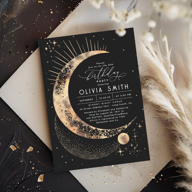 Starry Night Måne Mystical Celestial Birthday Inbjudningar (Astronomy Tarot Boho Night Stars Birthday Invitation)
