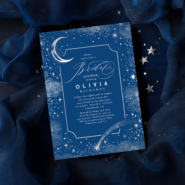 Starry Night Måne Mystical Celestial Möhippa Inbjudningar (Celestial Bridal Shower Invitations featuring silver moon and stars on a navy blue background)