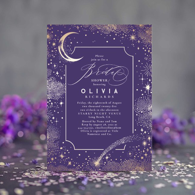 Starry Night Måne Mystical Celestial Möhippa Inbjudningar (Celestial Bridal Shower Purple Invitations)