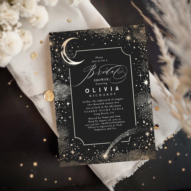 Starry Night Måne Mystical Celestial Möhippa Inbjudningar (Moon and Stars Black Bridal Shower Invitations)