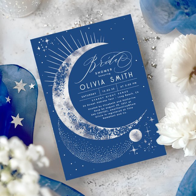 Starry Night Måne Mystical Celestial Möhippa Inbjudningar (Celestial Bridal Shower Invitations in Navy Blue and Silver)