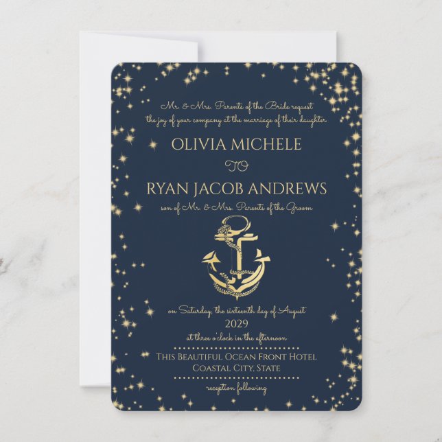 Starry Night Nautical Anchor Beach Wedding Inbjudningar (Framsida)