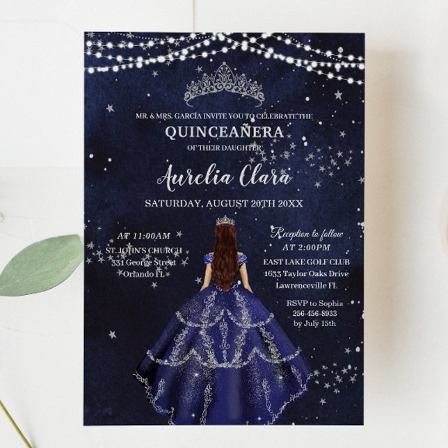 Starry Night Navy Blue Gown Silver Quinceañera Inbjudningar (Skapare uppladdad)