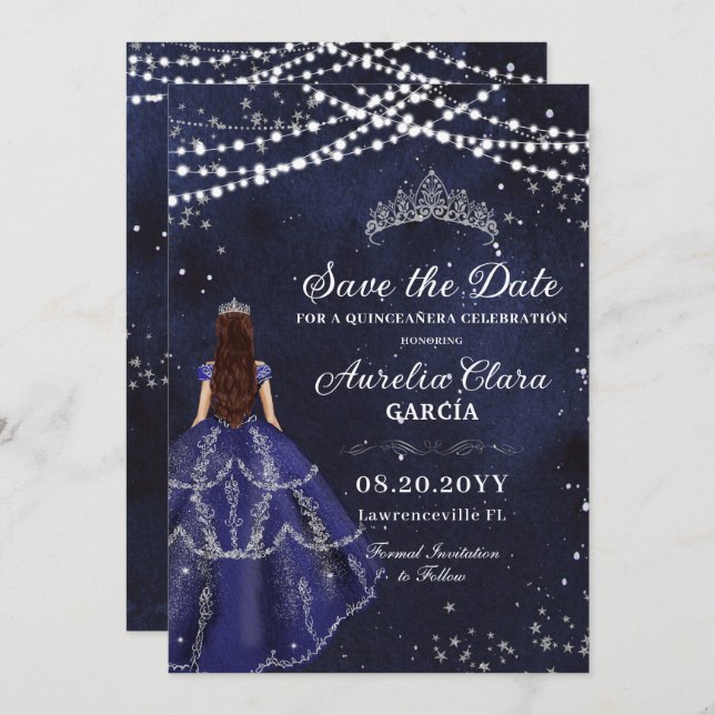 Starry Night Navy Blue Gown Silver Quinceañera Spara Datumet (Fram/baksida)