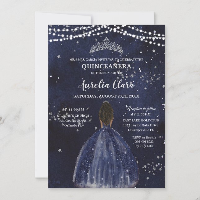 Starry Night Navy Blue Quinceañera Brown Princess Inbjudningar (Framsida)