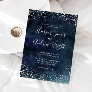 Starry Night Navy Blue Silver Glitter Bröllop Inbjudningar