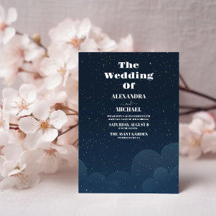 Starry Night Navy Blue Silver Glitter Bröllop Inbjudningar