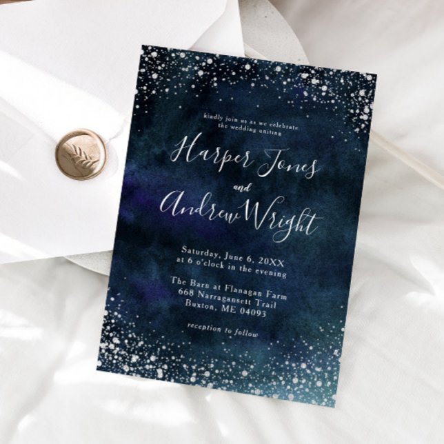 Starry Night Navy Blue Silver Glitter Bröllop Inbjudningar (Skapare uppladdad)