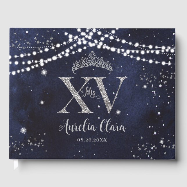 Starry Night Navy Blue Silver Quinceañera Birthday Gästböcker (Framsida)