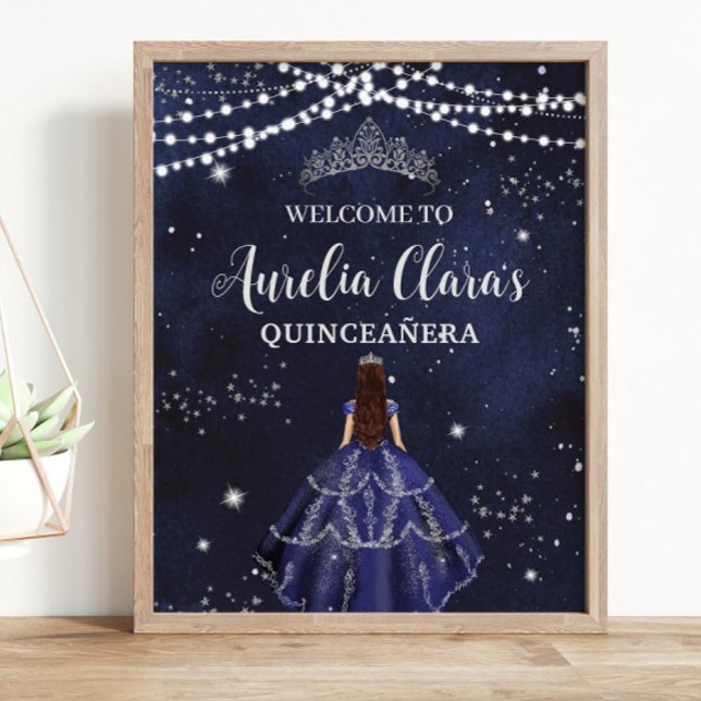 Starry Night Navy Blue Silver Quinceañera Birthday Poster (Skapare uppladdad)
