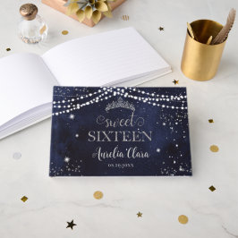 Starry Night Navy Blue Silver Sweet 16 Birthday Gästböcker