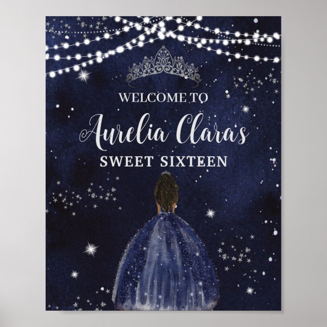 Starry Night Navy Blue Silver Sweet 16 Brown Girl Poster (Framsidan)