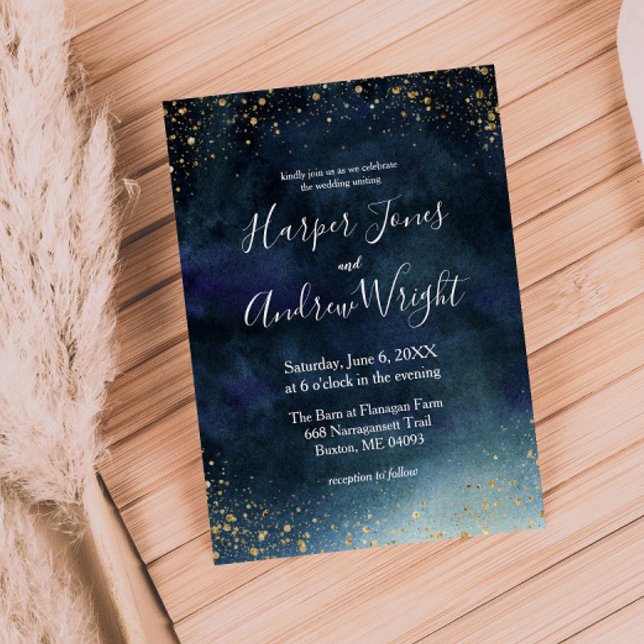 Starry Night Navy Guld Watercolor Bröllop Inbjudningar (Skapare uppladdad)