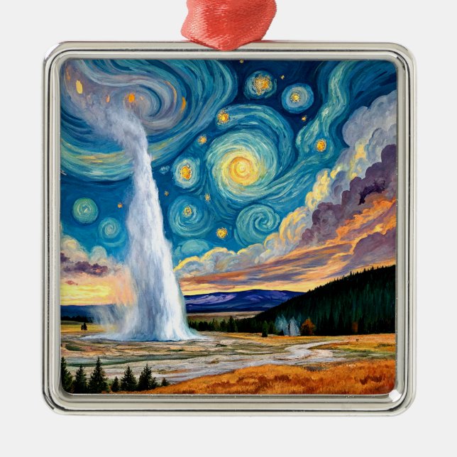 Starry Night Old Faithful Yellowstone Park Julgransprydnad Metall (Framsidan)