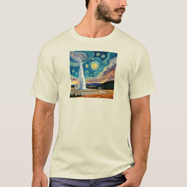 Starry Night Old Faithful Yellowstone Park T Shirt (Framsida)
