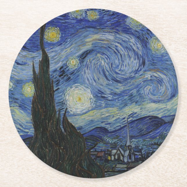 Starry Night, oljemålning, Vincent Van Gogh Underlägg Papper Rund (Framsidan)