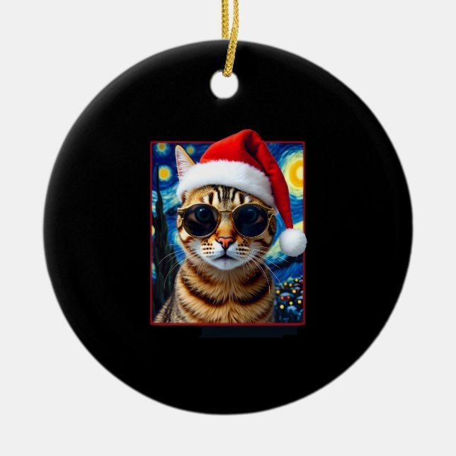 Starry Night Orange Tabby Cat Christmas Julgransprydnad Keramik (Framsidan)