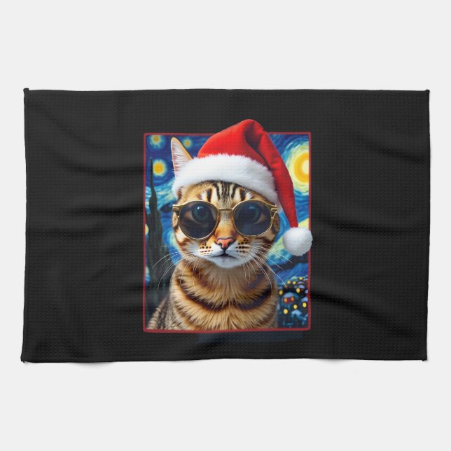 Starry Night Orange Tabby Cat Christmas Kökshandduk (Horisontell)