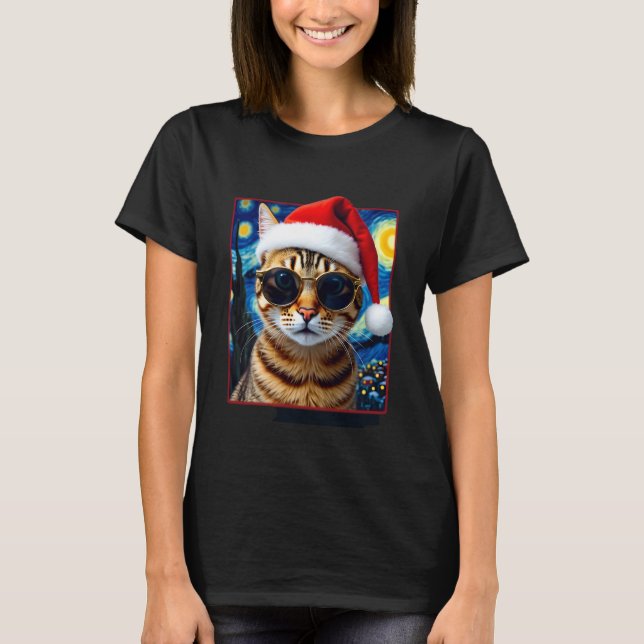Starry Night Orange Tabby Cat Christmas T Shirt (Framsida)