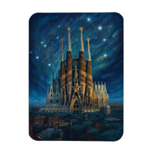 Starry night over Sagrada Familia Barcelona Magnet