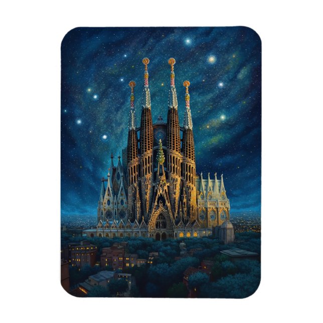 Starry night over Sagrada Familia Barcelona Magnet (Vertikal)