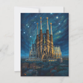 Starry night over Sagrada Familia Barcelona Vykort