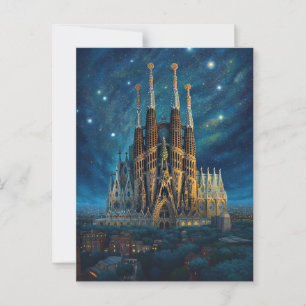 Starry night over Sagrada Familia Barcelona Vykort