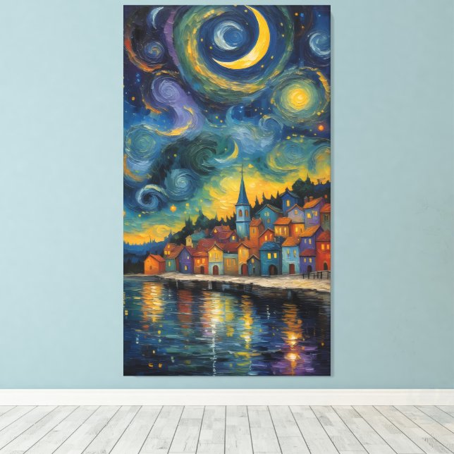 Starry Night Over the Harbor Village Canvastryck (Insitu (trägolv))