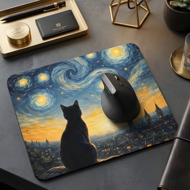 Starry Night Overlook Black Cat & Twinkling Town  Musmatta (Skapare uppladdad)