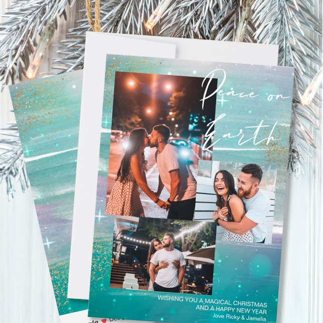 Starry Night Peace on Earth 3 Photo Collage Grönt Julkort (Skapare uppladdad)