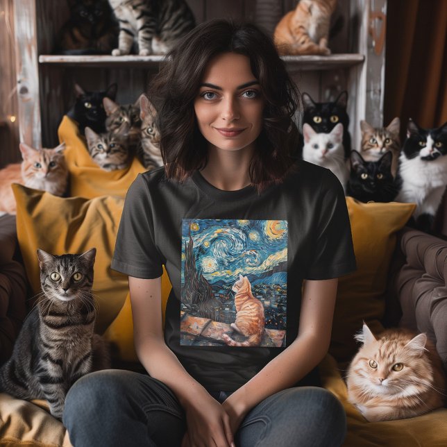 Starry Night Purrfection T Shirt (Classic art with a modern twist. Picture a sleek cat lounging on a rooftop, surrounded by stars.)