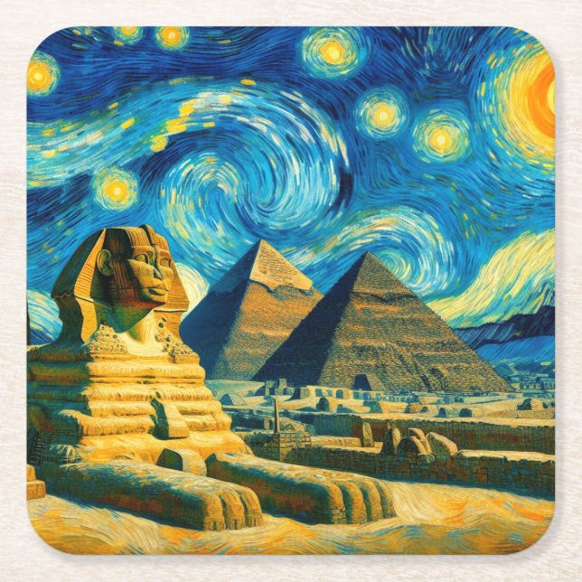Starry Night Pyramids Sphinx Egypten Underlägg Papper Kvadrat (Framsidan)