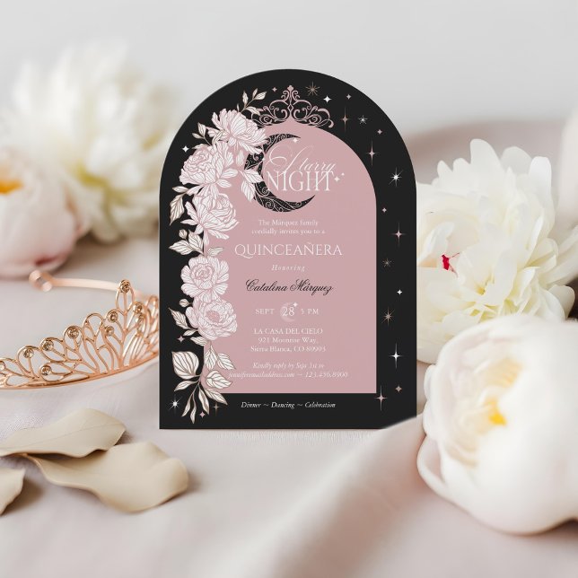 Starry Night Quinceanera Floral Celestial Moon Inbjudningar (Starry Night Quinceanera Floral Celestial Moon Invitation)