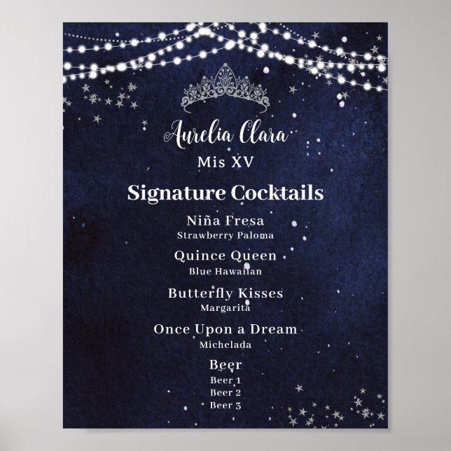 Starry Night Quinceanera Sweet 16 Pub Drink Menu Poster (Framsidan)