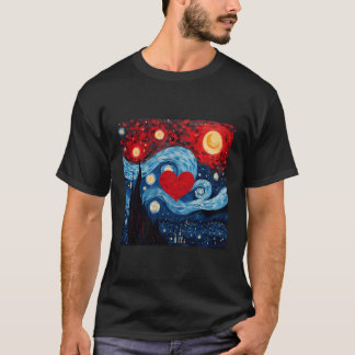 Starry Night Red Kärlek Heart Design T Shirt