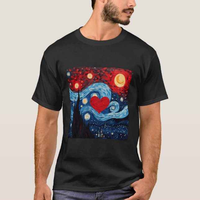 Starry Night Red Kärlek Heart Design T Shirt (Framsida)