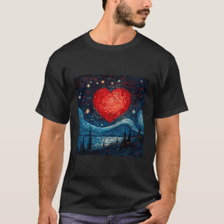 Starry Night Red Kärlek Heart Design T Shirt