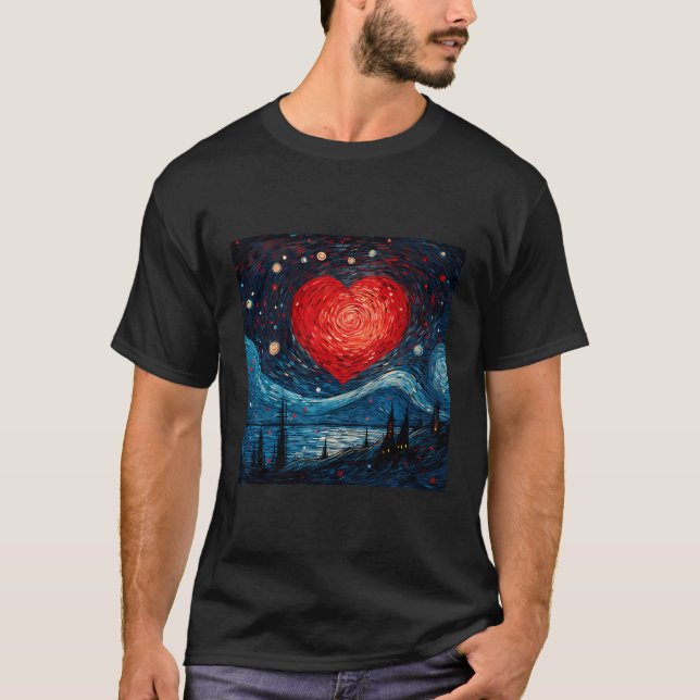 Starry Night Red Kärlek Heart Design T Shirt (Framsida)